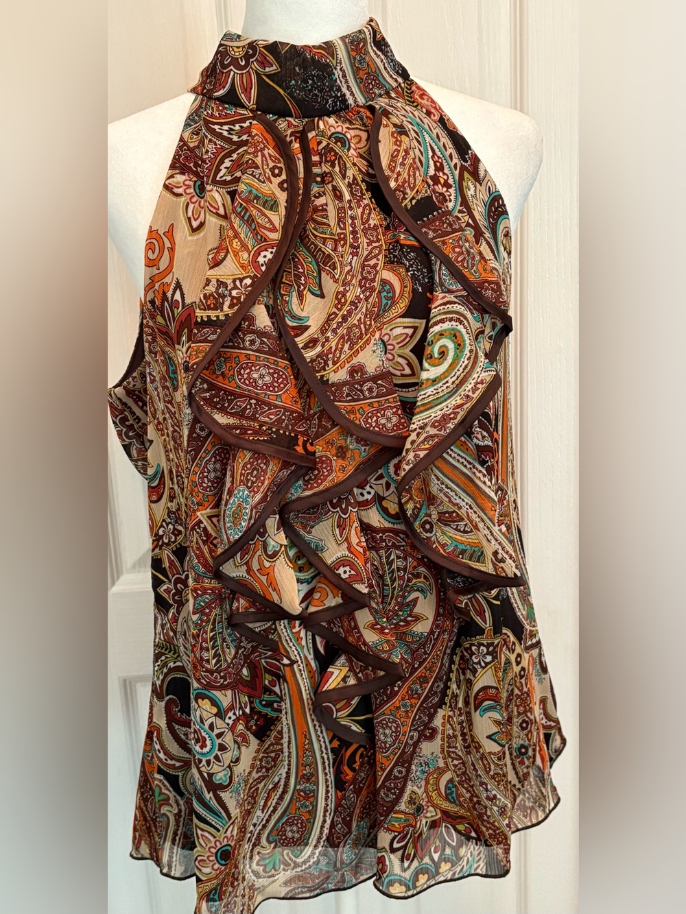 Iz Byer Brown Multi Paisley Ruffle Halter Top